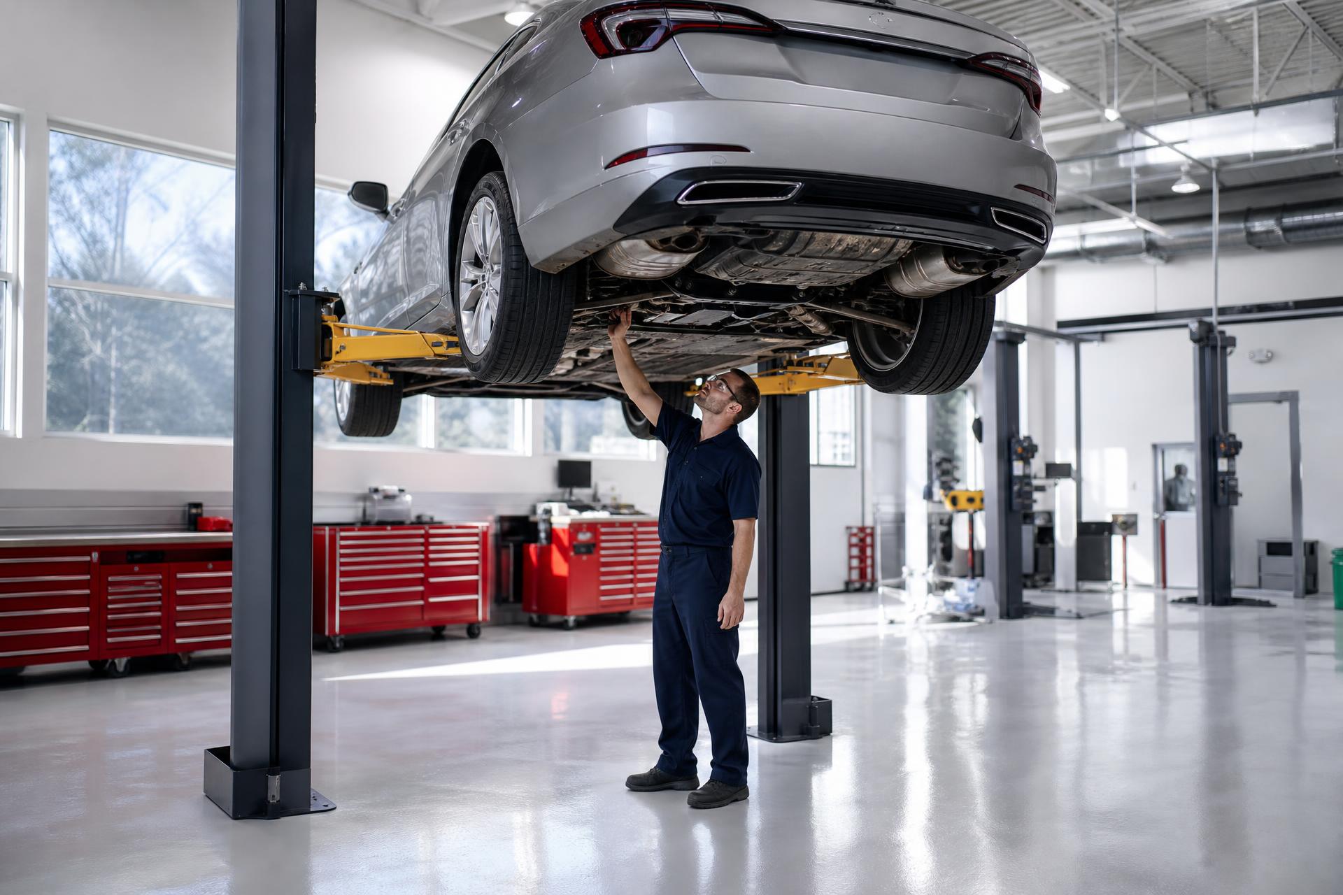 Modern auto repair shop bay with vehicle on lift